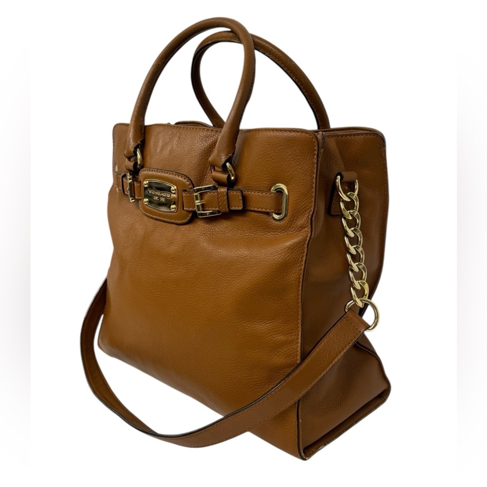 Michael Kors Hamilton Camel Brown Leather Satchel Tote Shoulder Bag 14 x 13 x 6 - Picture 4 of 16